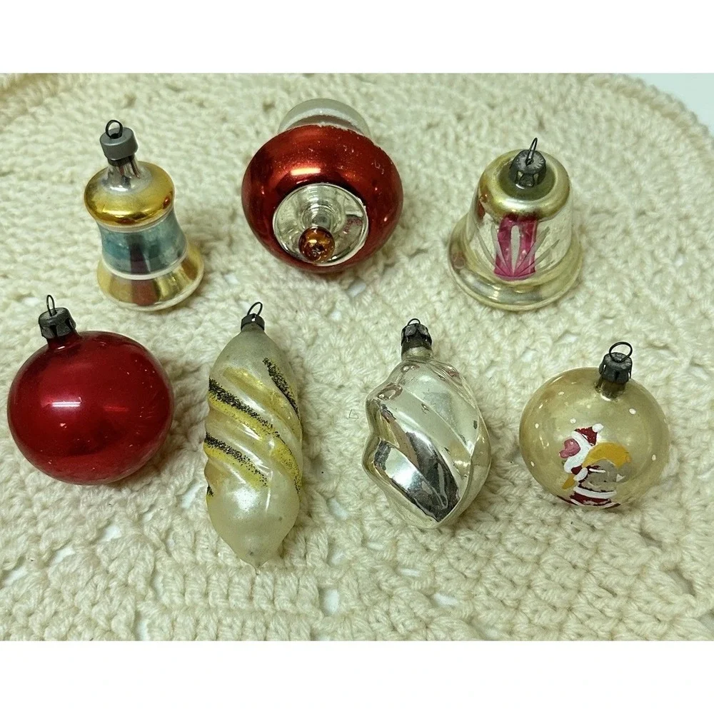 Vintage Poland Mixed Lot of 7 Christmas Ornaments Glass Bells Ident Painted
